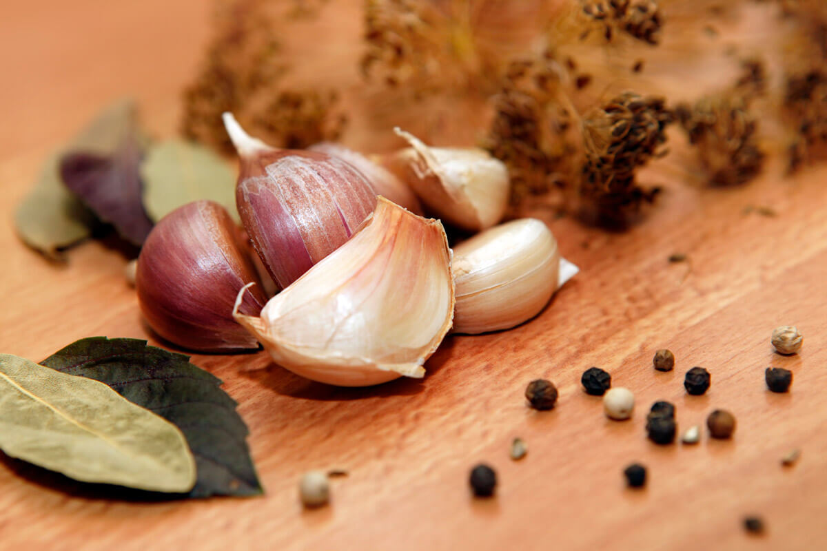 Garlic, peppercorns and dill pickling spices on a wooden counter.