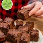 Pinterest pin for fudgy sourdough brownies with photos of brownies on a serving platter.