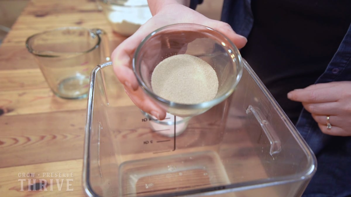 A bowl of yeast being poured into a container with water.