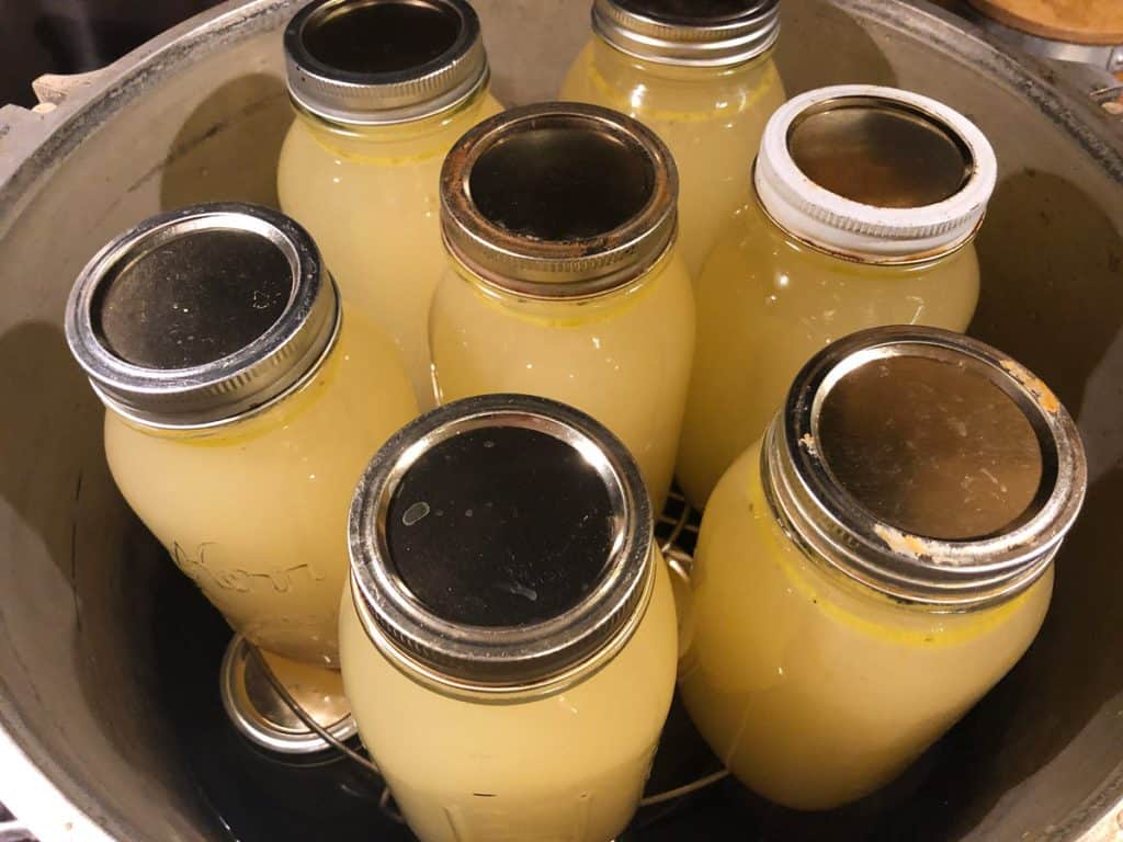 Quart jars of chicken broth inside a pressure canner.