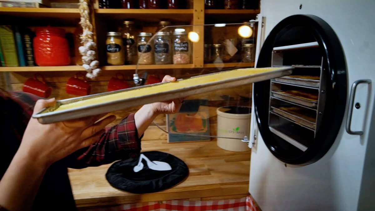 Hands loading a tray of eggs into a freeze dryer.