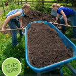 Pinterest pin for how to make compost the easy way at home. Image of two young girls shoveling compost into the garden.