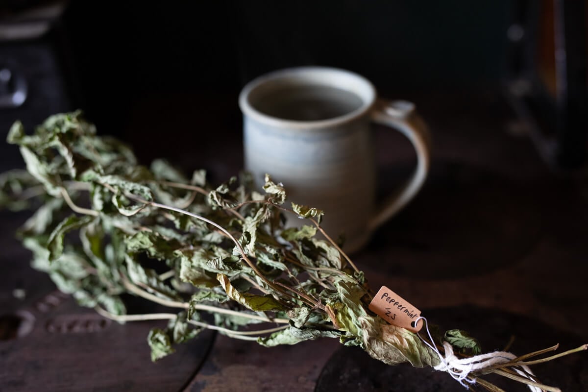 A bundle of dried peppermint sitting in front of a mug.