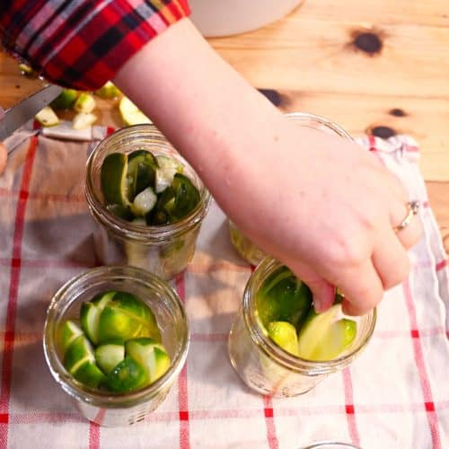 An overhead shot of a woman's hands filling canning jars with cucumbers for pickles.