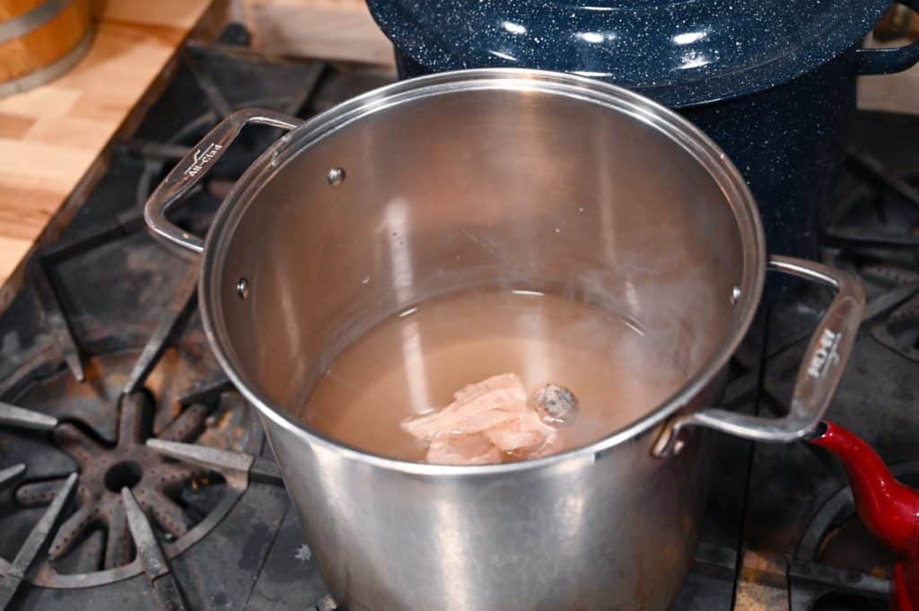 Pickling brine in a large stockpot on the stove.