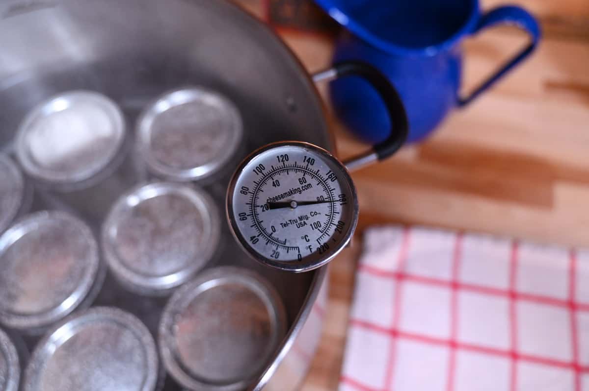 Water bath canner with jars inside and a thermometer sticking out.