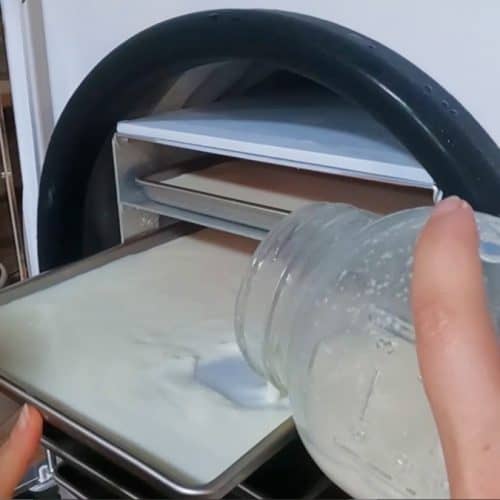 A half gallon of milk being poured into a freezer dryer tray.