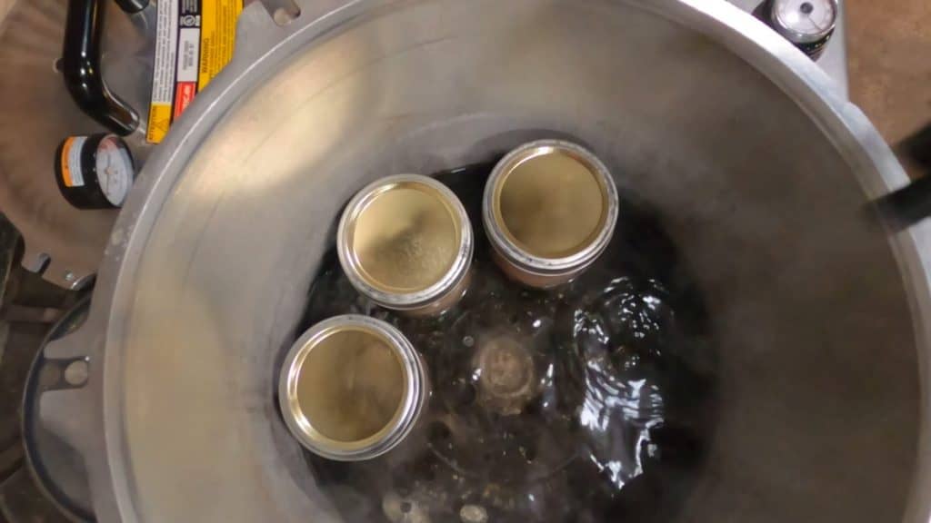 Three jars of chicken placed into a pressure canner.