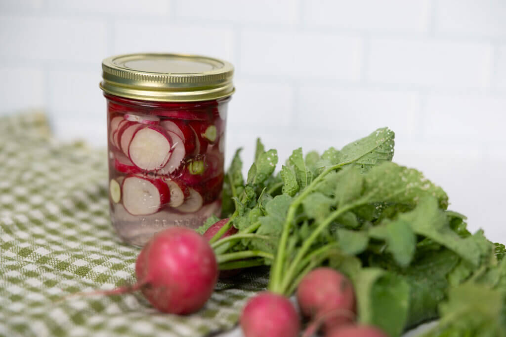 Fermented radishes in a pint jar.