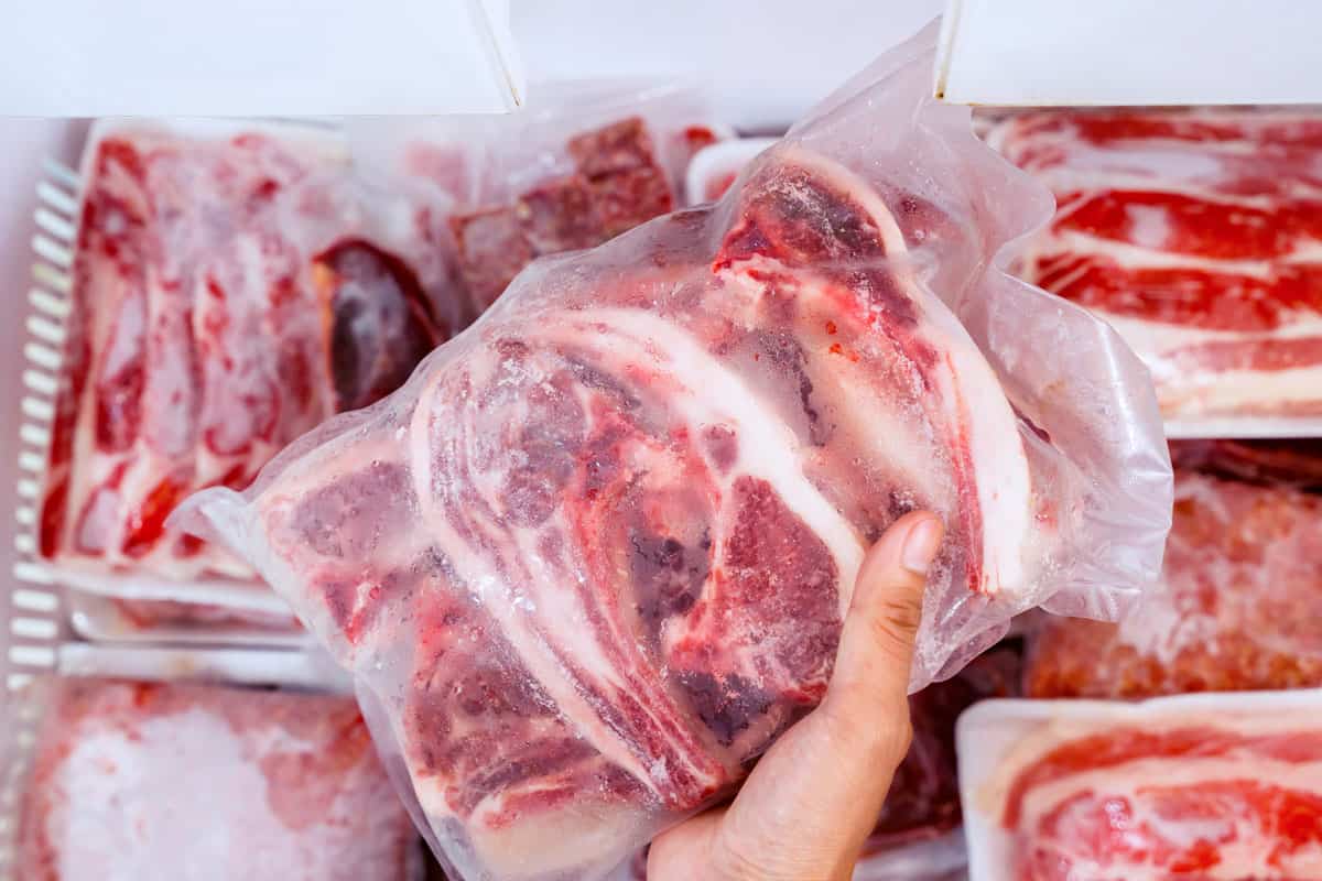 Frozen meat in a deep freezer.