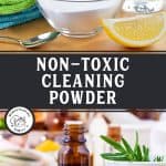 Pinterest pin for non-toxic cleaning powder. Image of a bowl of baking soda and spoon.