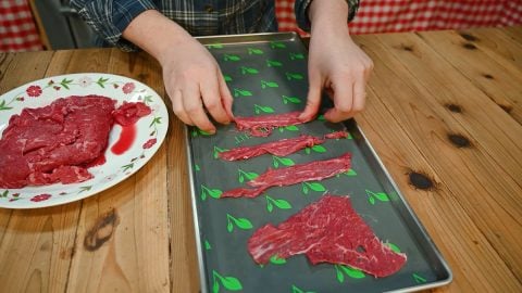 Shaved raw meat being placed on a freeze dryer tray.