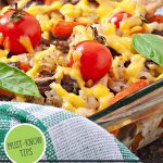 Pinterest pin for freezer meal tips. Image of a meal in a pyrex pan.