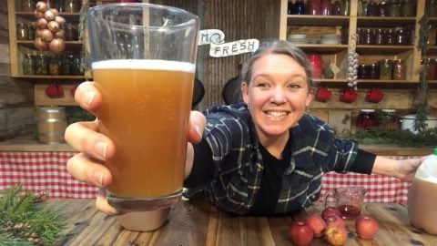 A woman holding up a glass of sparkling apple cider up to the camera.