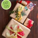 Pinterest pin for stress free holidays. Image of wrapped presents.