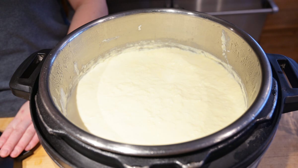 Milk in the insert pot of the Instant Pot.