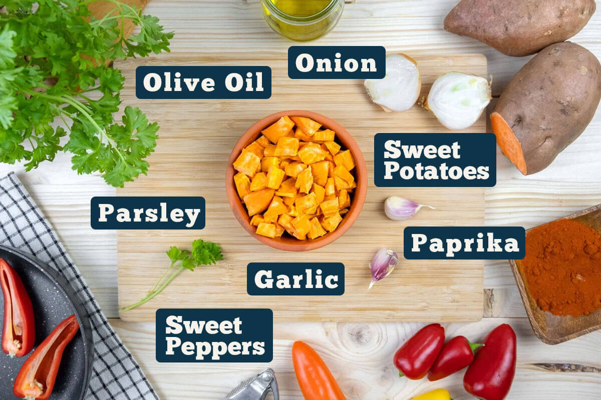 Sweet potato hash recipe ingredients: sweet potato, onion, paprika, sweet peppers, parsley, and olive oil.