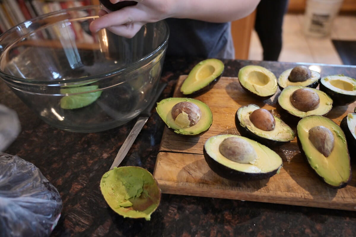Avocados halved and being scooped into a glass bowl.
