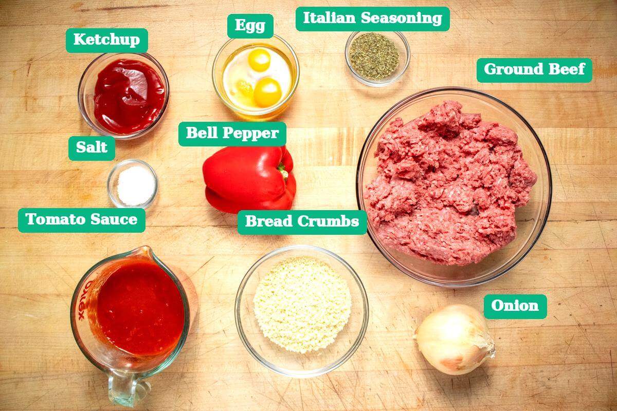 Labeled freezer meatloaf ingredients including ground beef, eggs, bell pepper, bread crumbs, tomato sauce, ketchup, onion, salt and Italian seasoning.