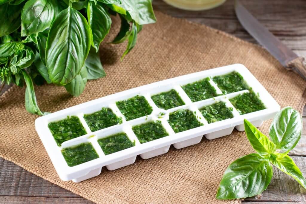 An ice cube tray filled with basil and oil.