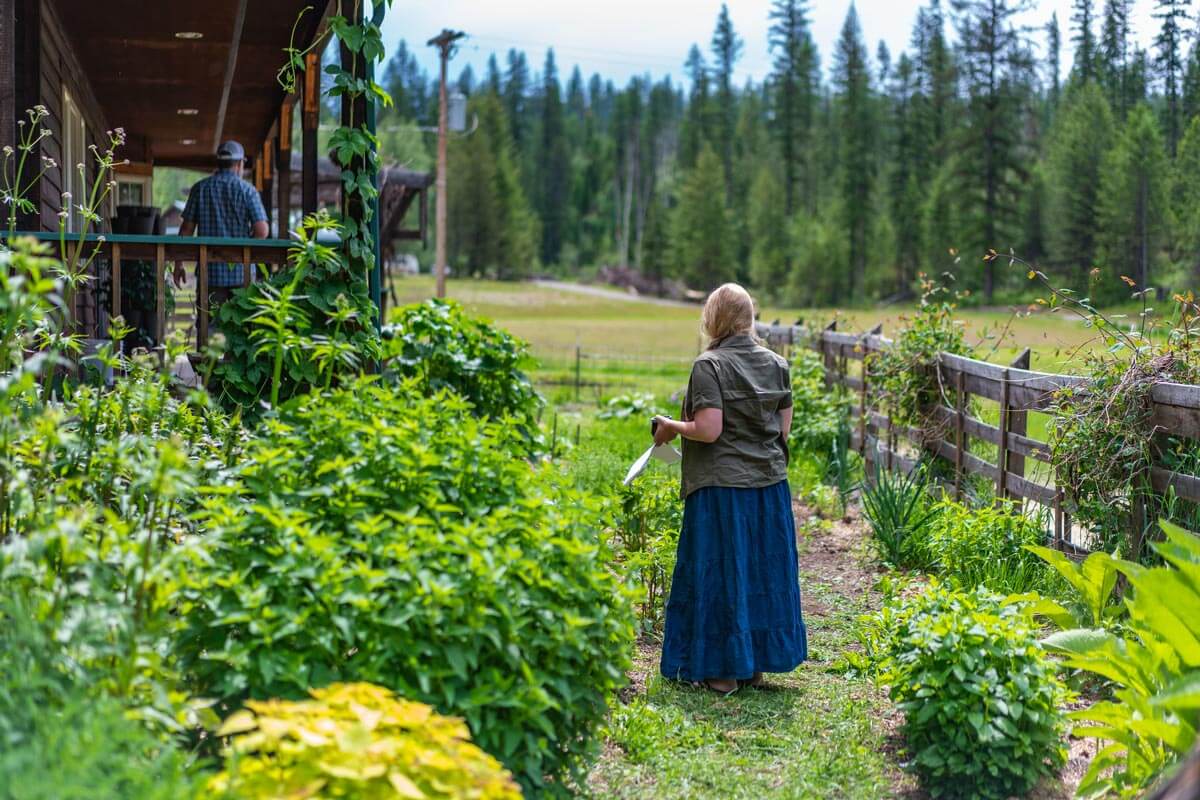 A woman walking through a medicinal herb garden.