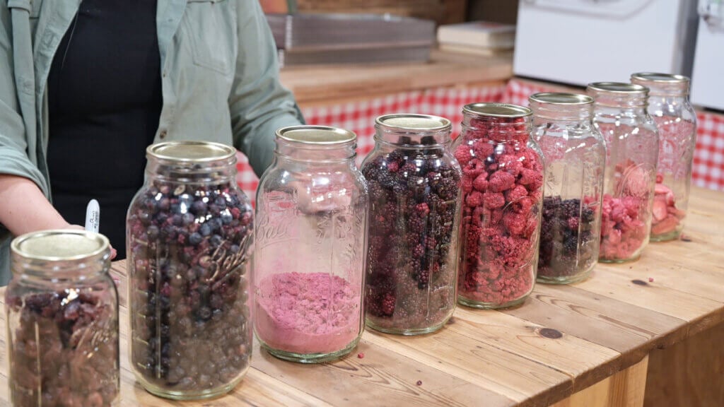 Half gallon Mason jars filled with freeze dried berries.