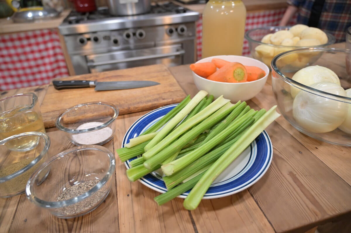 Ingredients arranged on a counter for chicken and gravy.