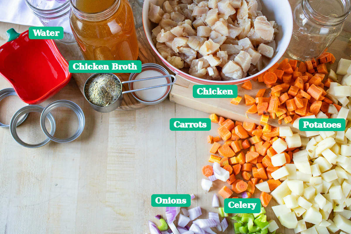 Labeled water, chicken broth, chicken, carrots, potatoes, onions and celery for an easy chicken and gravy recipe.