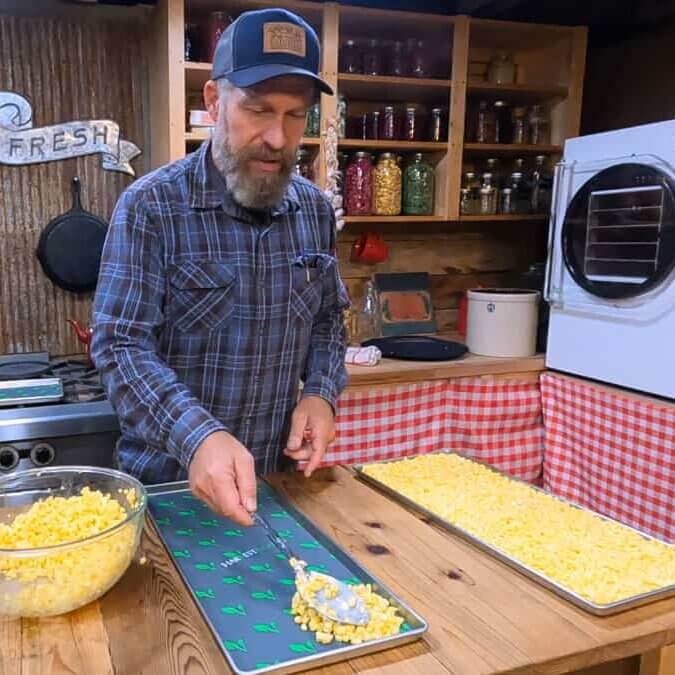 A man spreading fresh corn onto trays for freeze drying.