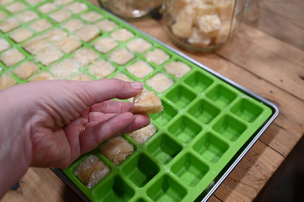 A cube of freeze dried broth in a woman's hand.