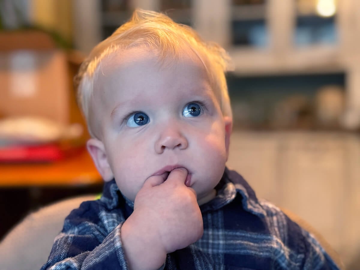 A baby eating freeze dried yogurt bites.