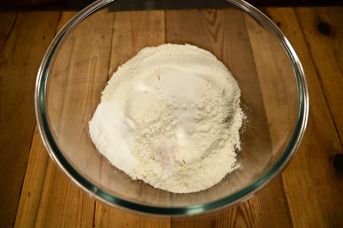 Biscuit dough dry ingredients in a bowl.
