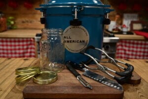 Pressure canning supplies on a kitchen counter.