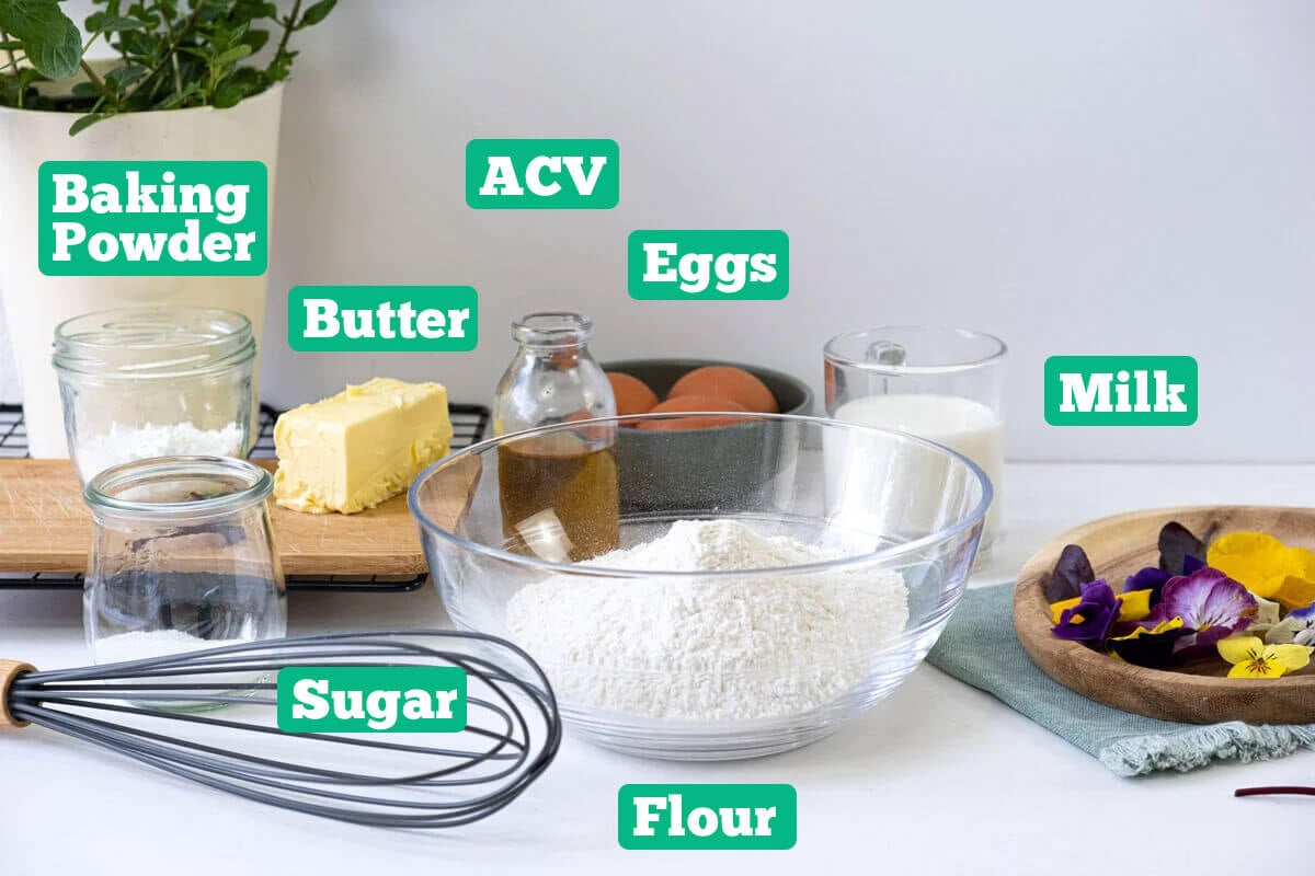 Whole wheat scone ingredients: ACV, Eggs, Milk, Flour, Sugar, Butter, and Baking Powder