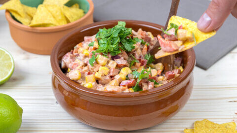 Creamy pepper salsa in a ceramic bowl.