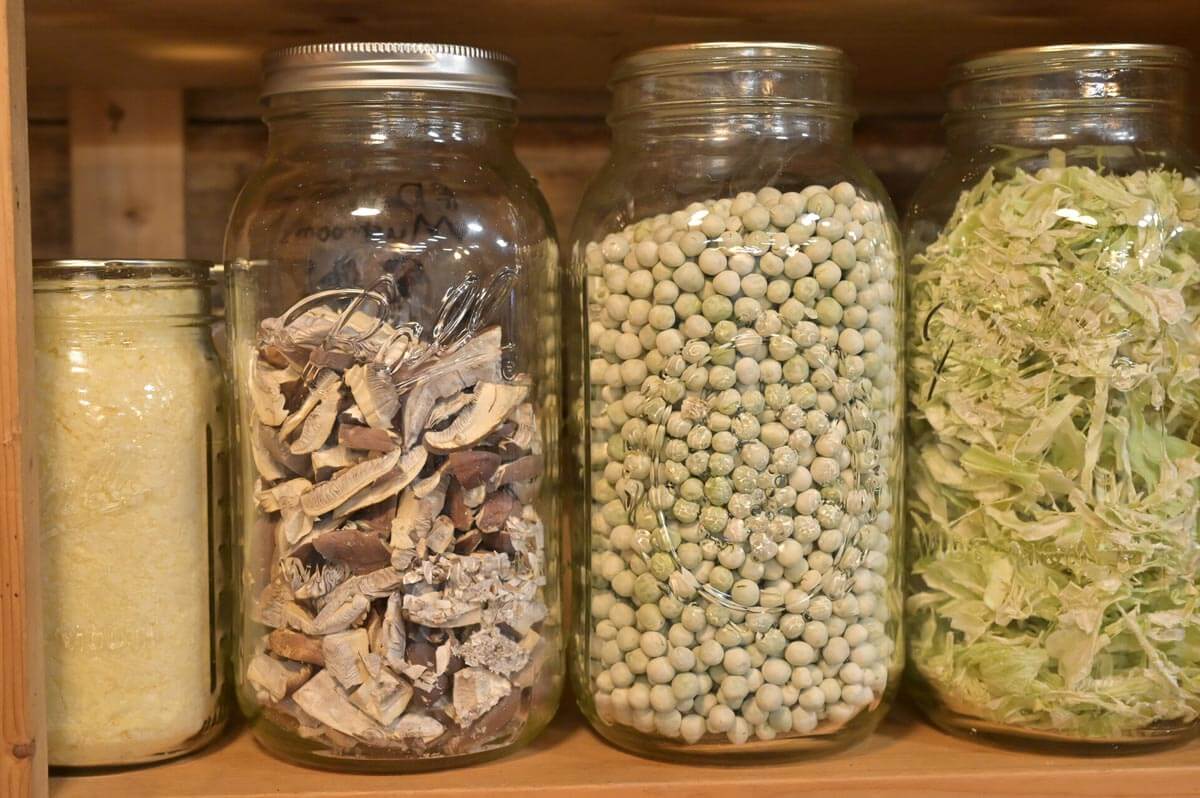 Jars of freeze dried food sitting on a kitchen shelf.