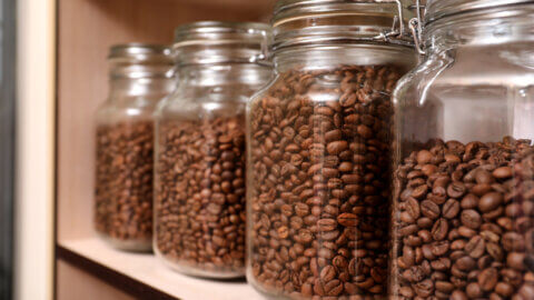Multiple jars of roasted coffee beans on a pantry shelf.