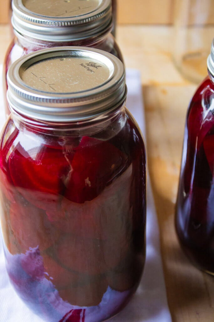 Finished jars of canned beets.