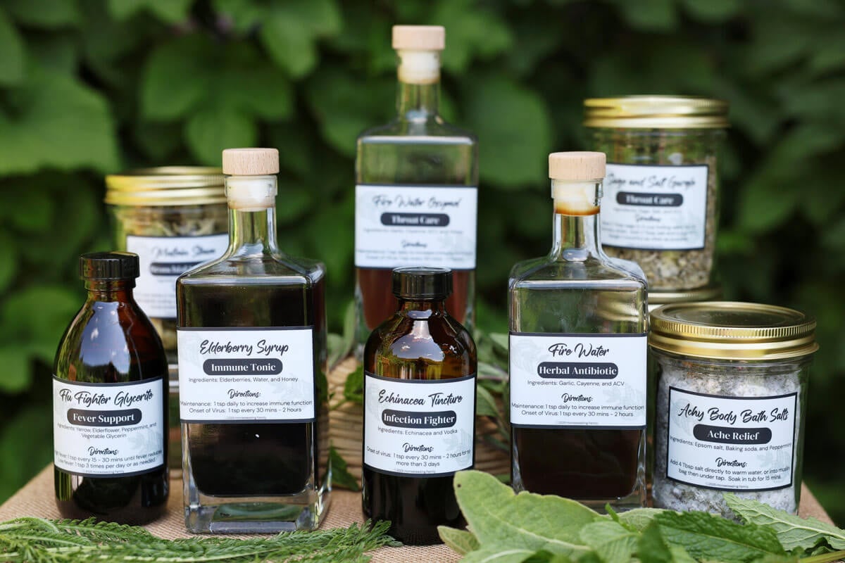 Various bottles and jars filled with herbal remedies.