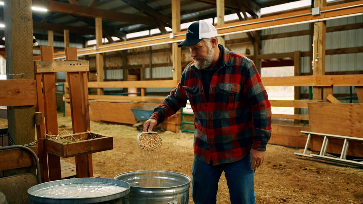 A man scooping from a bucket of mixed grain.