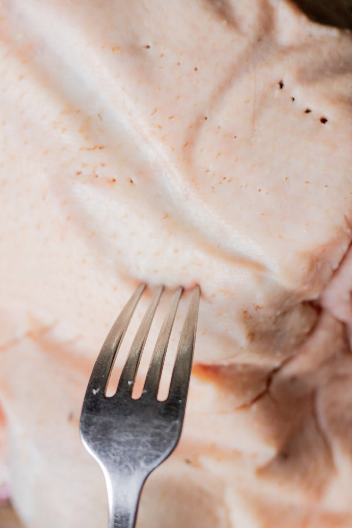 Piercing goose skin with a fork.