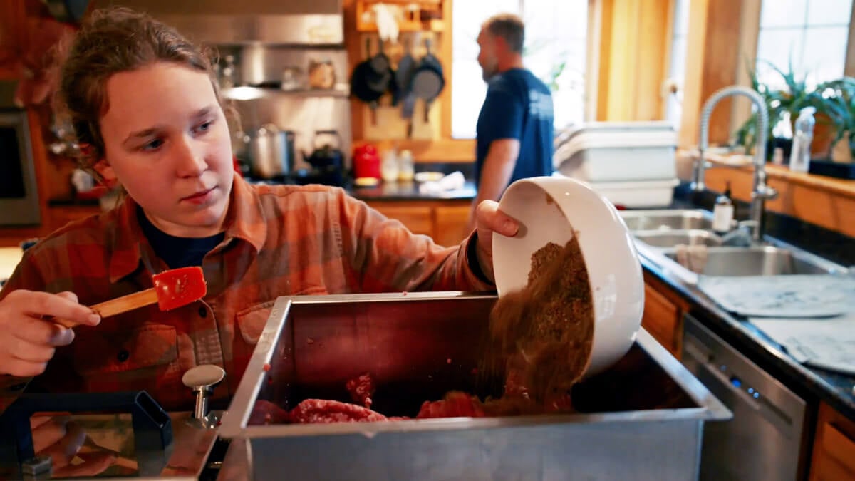 A young girl mixing in pork sausage seasonings to a meat mixer.