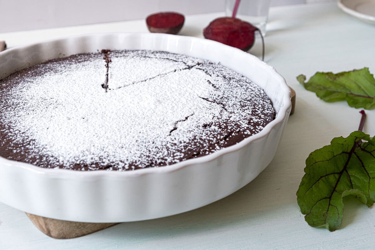 Powered sugar-dusted chocolate beet cake.