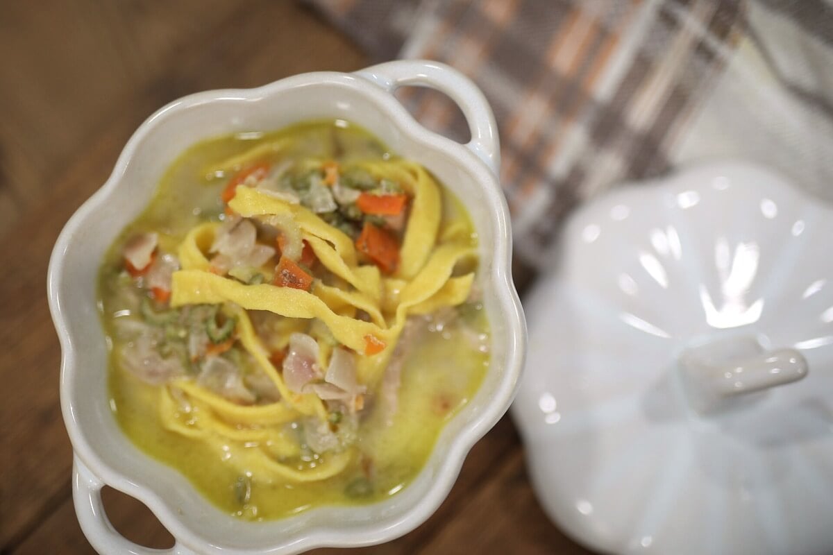 Homemade egg noodles in a white bowl of soup with meat, carrots, and celery.