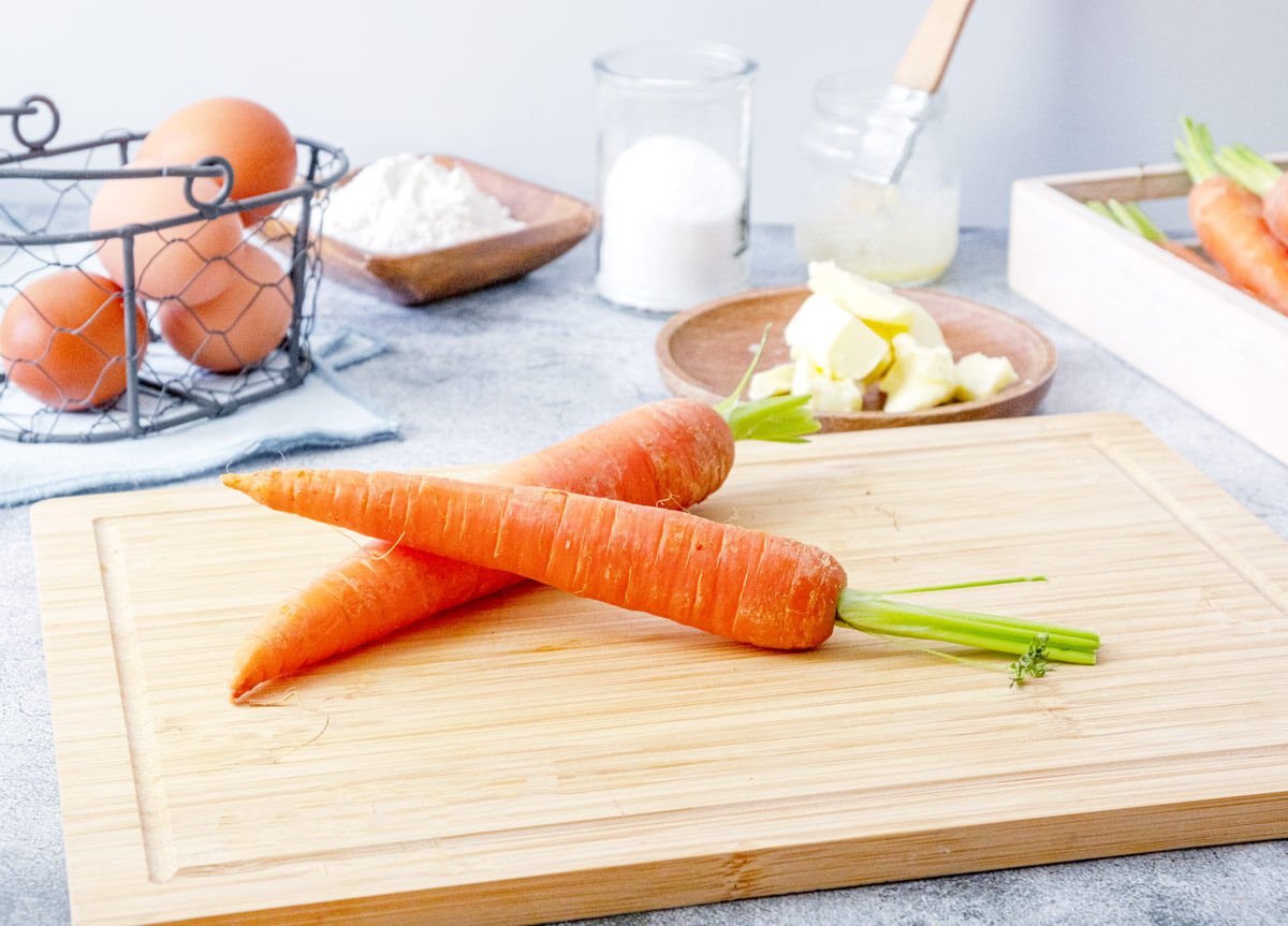 Ingredients to make carrot souffle on a counter.
