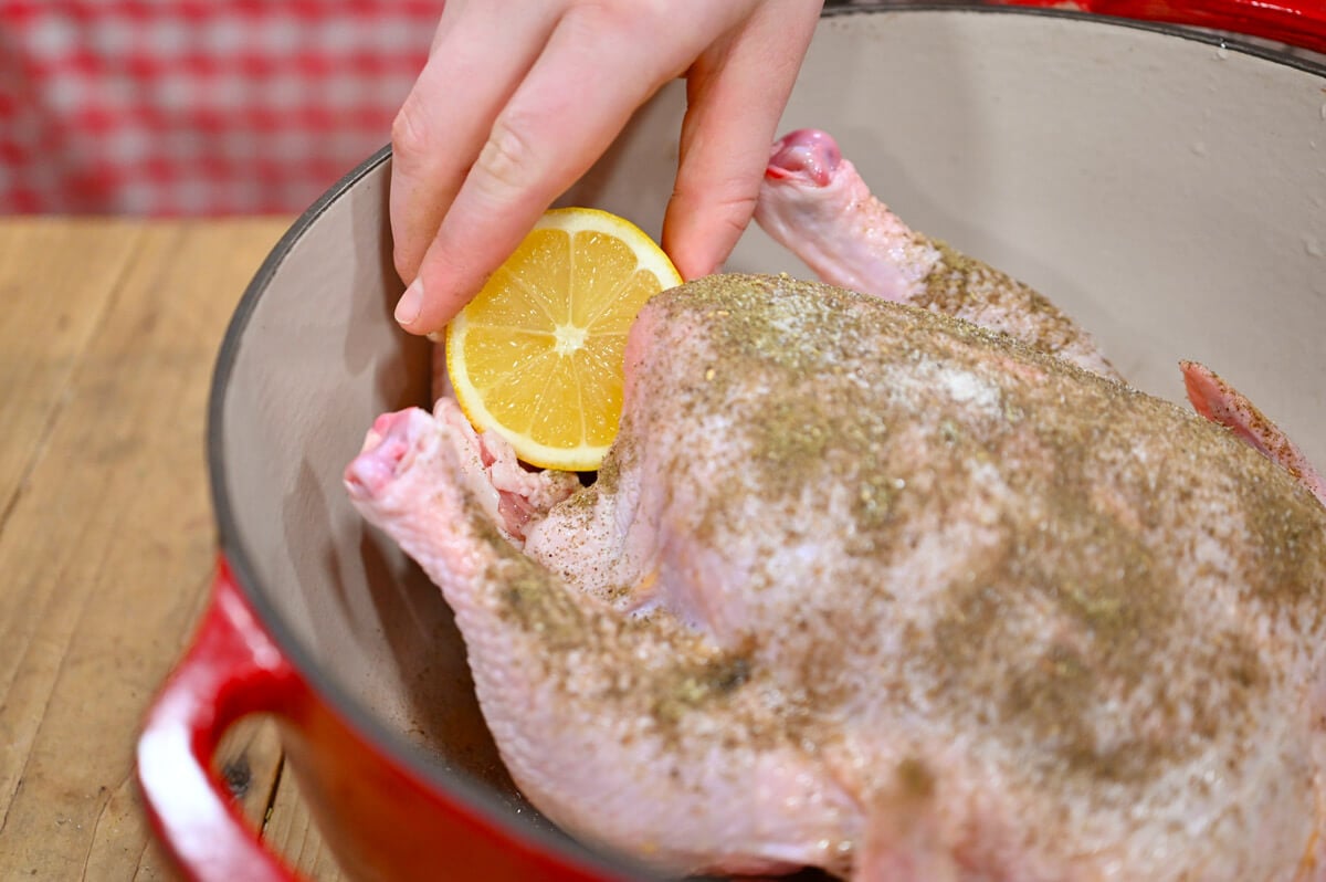 A half a lemon being placed inside a whole chicken ready for roasting.