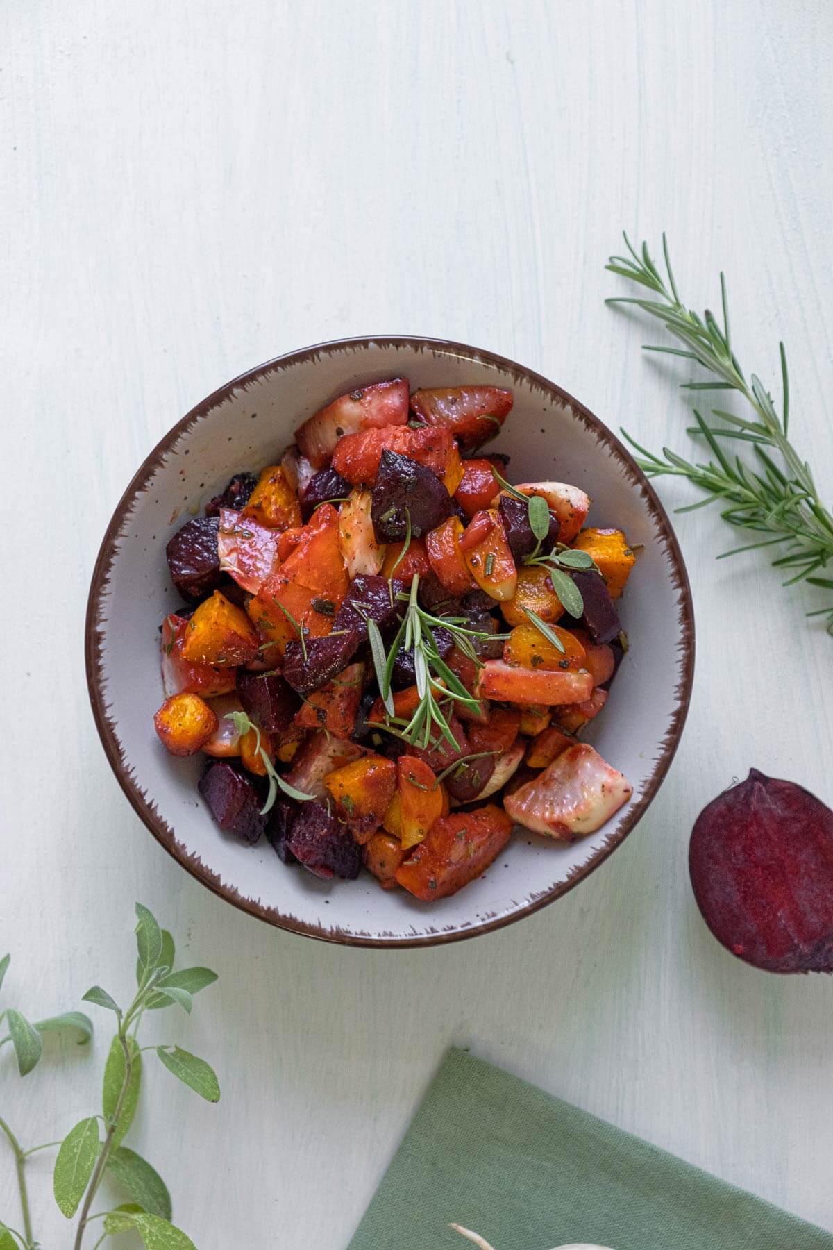 Roasted root vegetables in a bowl.