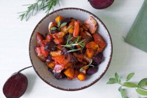 Roasted root vegetables in a bowl.