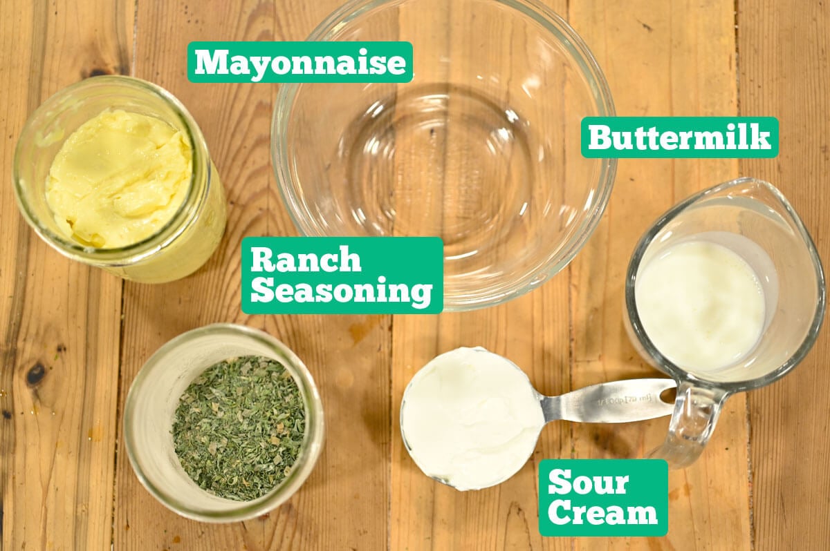 Ingredients to make a homemade buttermilk ranch dressing recipe.