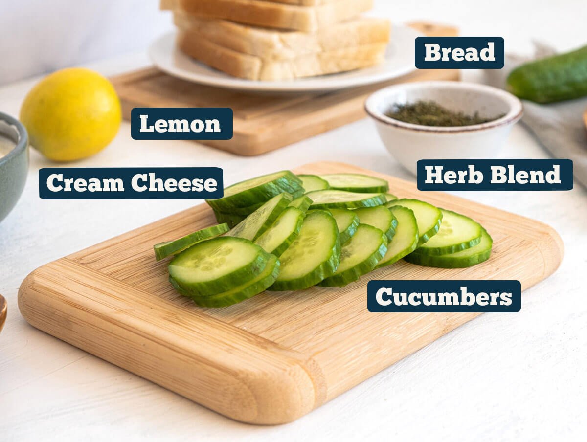 Cucumber tea sandwich ingredients: cucumbers, lemon, cream cheese, bread, herbs.